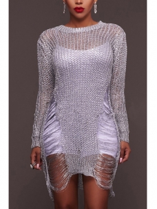 Silver Round Neck Hollow-out Sweater Dress