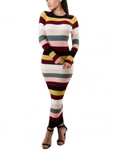 Stylish Round Neck Striped Polyester Sheath Maxi Dress 