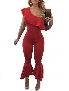 Trendy Falbala Design Red  Polyester  Jumpsuits