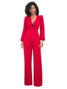 V Neck Puff Sleeves Lace-up Red Jumpsuits