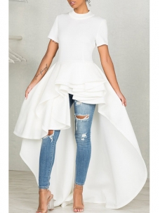 White Mandarin Collar Asymmetrical Falbala Maxi Dress