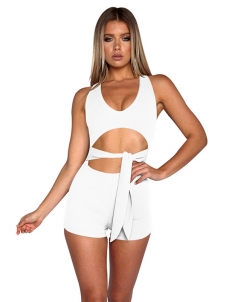 White Sexy V Neck Lace-up Hollow-out Jumpsuits