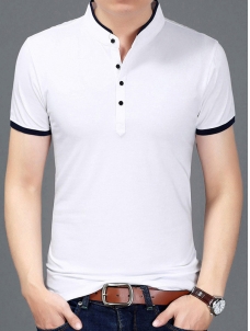 White Short Sleeve Mandarin Collar T-Shirts