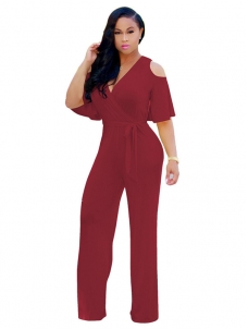 Wine Red Euramerican Hollow-out Black Jumpsuits  