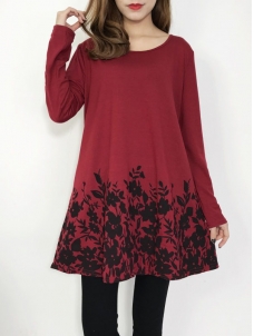 Wine Red Floral Printed Casual Flared Tunic Tops