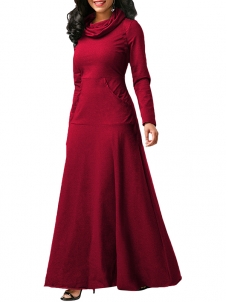 Wine Red Long Sleeve Cowl Neck Maxi Dress