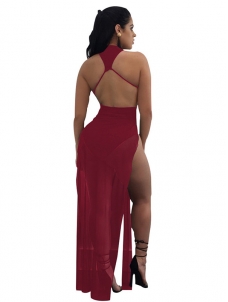 Wine Red See-Through Twilled Ankle Length Dress