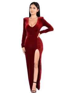 Wine Red Sexy Long Sleeves Side Split Dress