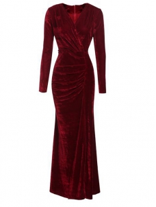 Wine Red V Neck Velvet Fold Design Dress