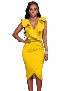 Yellow Sexy V Neck Sleeveless Midi Dresses