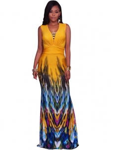 Yellow V Neck Printed Ankle Length Dress 
