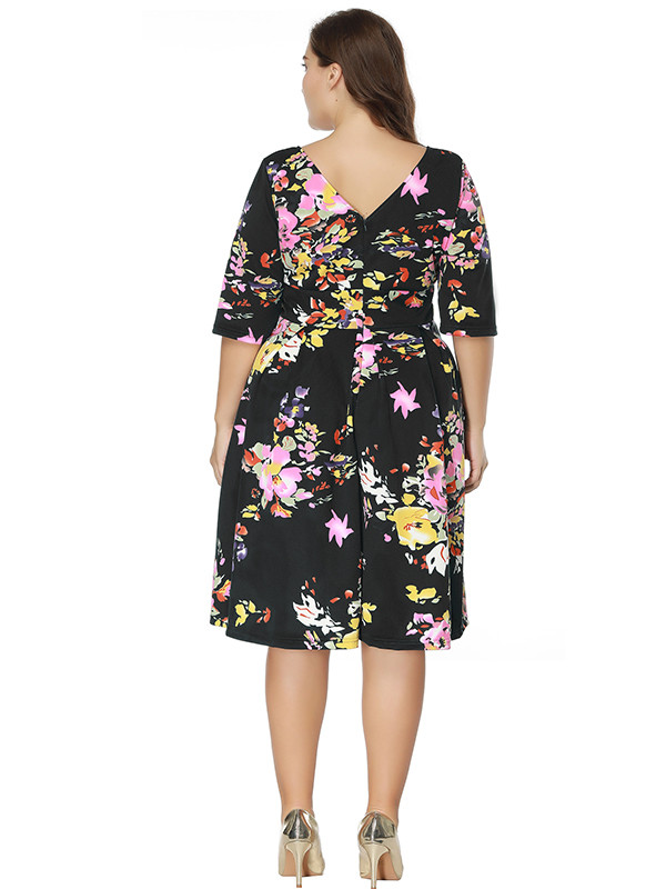 Black Long Sleeve Floral Printed Plus Size Dress