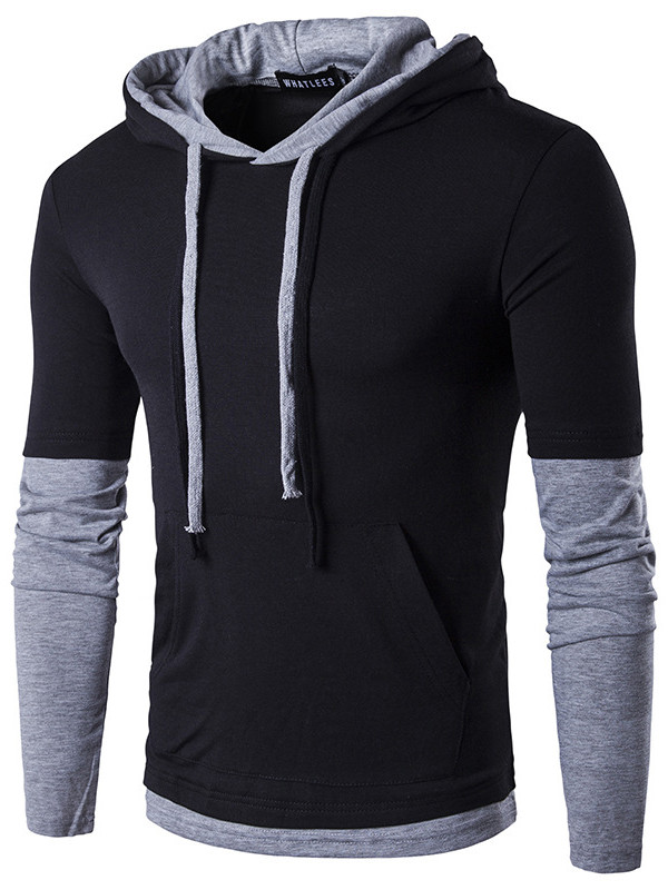 Black Long Sleeve Patchwork Hooded T-Shirt