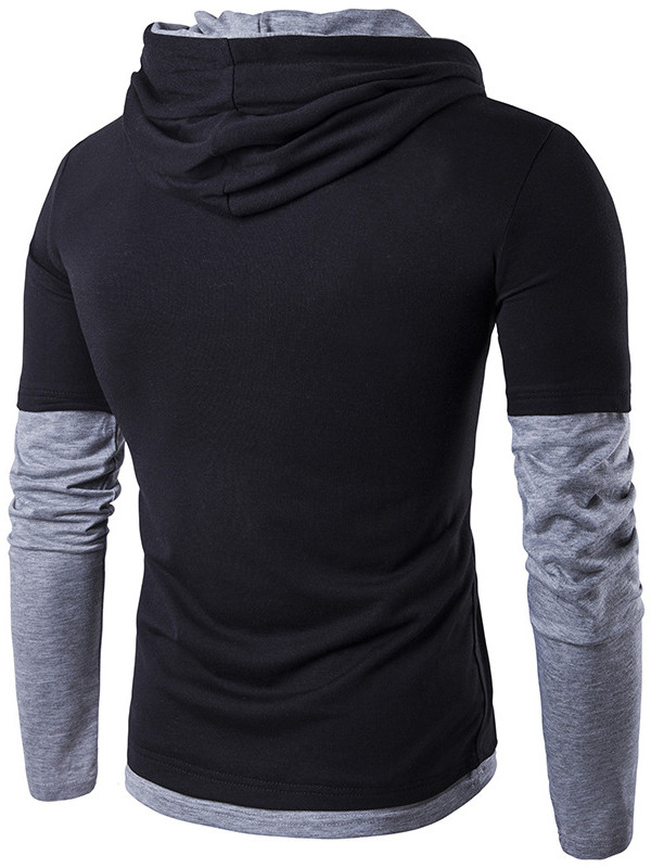 Black Long Sleeve Patchwork Hooded T-Shirt