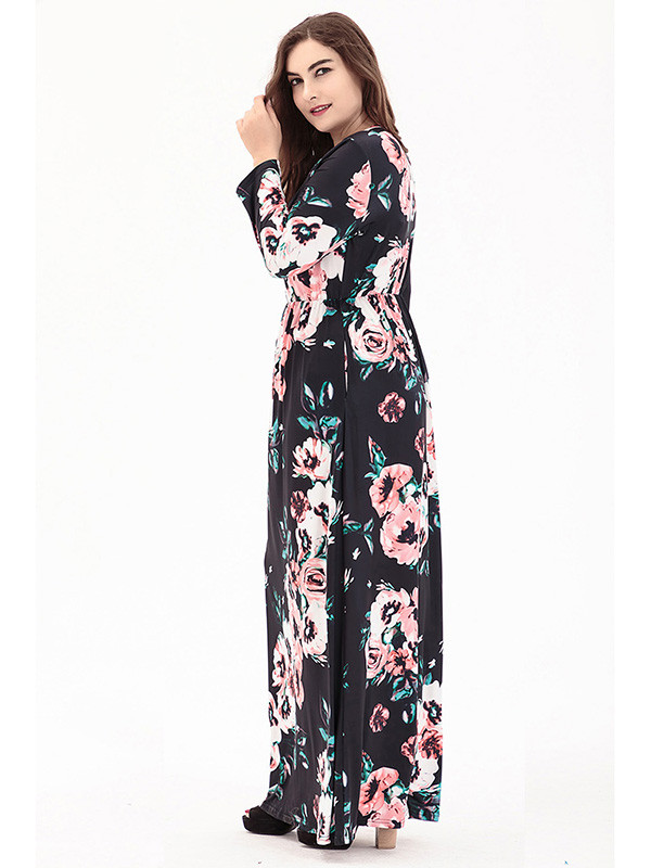 Black Long Sleeve Plus Size Floral Maxi Dress