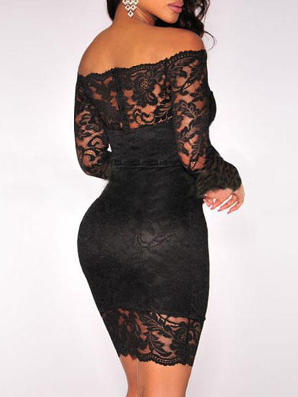 Black S-XL Women Long Sleeve Lace Dress