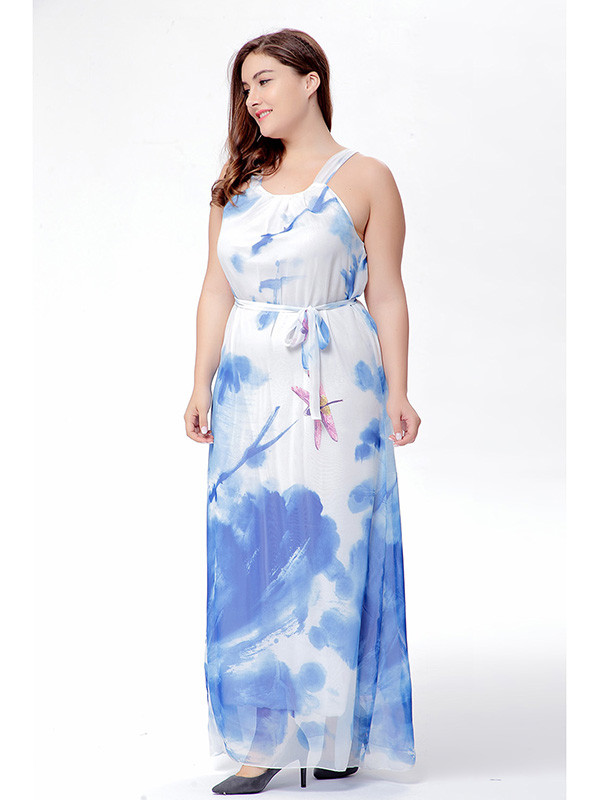 Blue Floral Printed Chiffon Plus Size Dress 