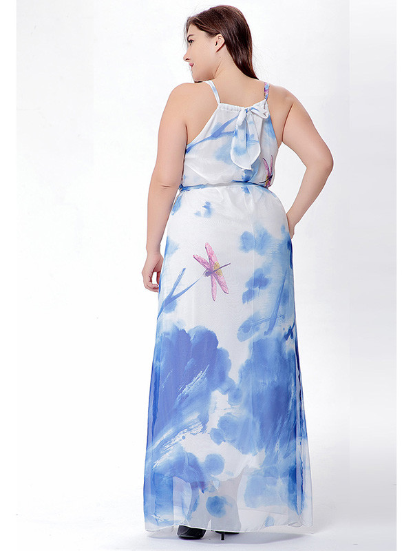 Blue Floral Printed Chiffon Plus Size Dress 