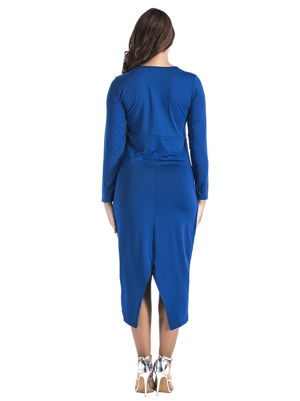 Blue M-3XL Long Sleeve Irregular Slit Dress