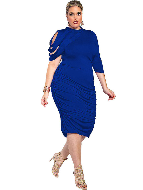 Blue Round Neck Irregular Sleeve Plus Size Dress