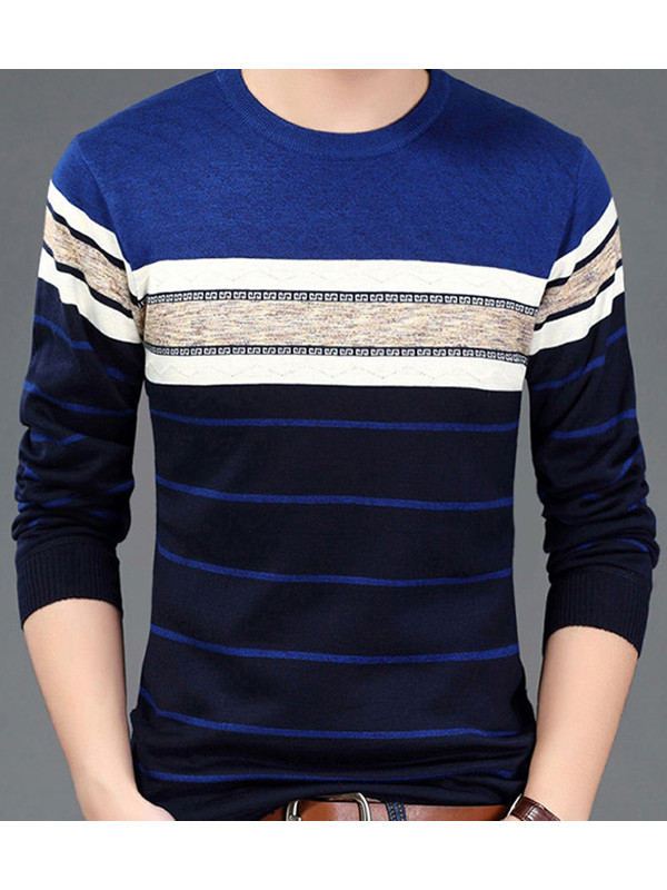 Blue Round Neck Striped Printed T-Shirt