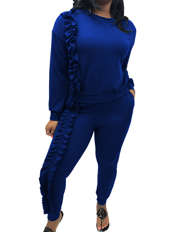 Blue Women Ruffle Trim Winter Suits