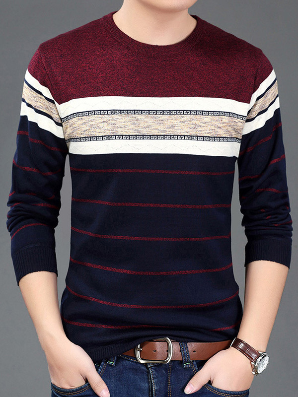Brown Round Neck Long Sleeve Patchwork T-Shirt