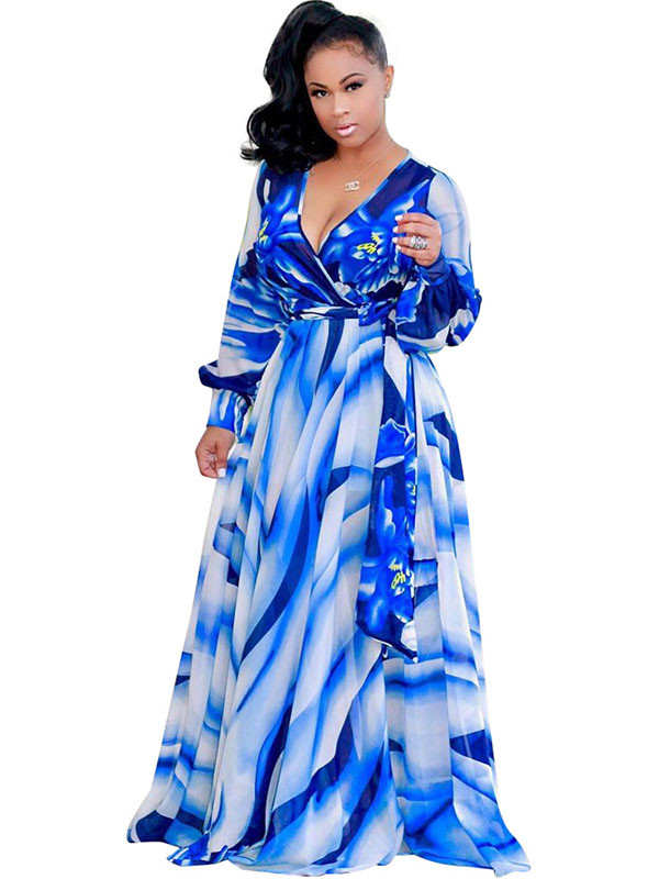 Euramerican V Neck  Digital Printing Blue Twilled Satin Maxi Dress