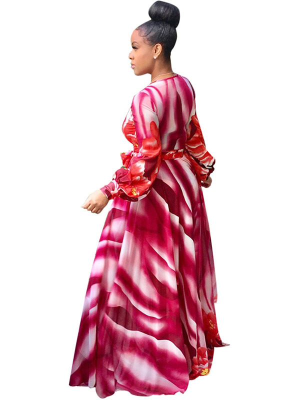 Euramerican V Neck  Digital Printing Red Twilled Satin Maxi Dress