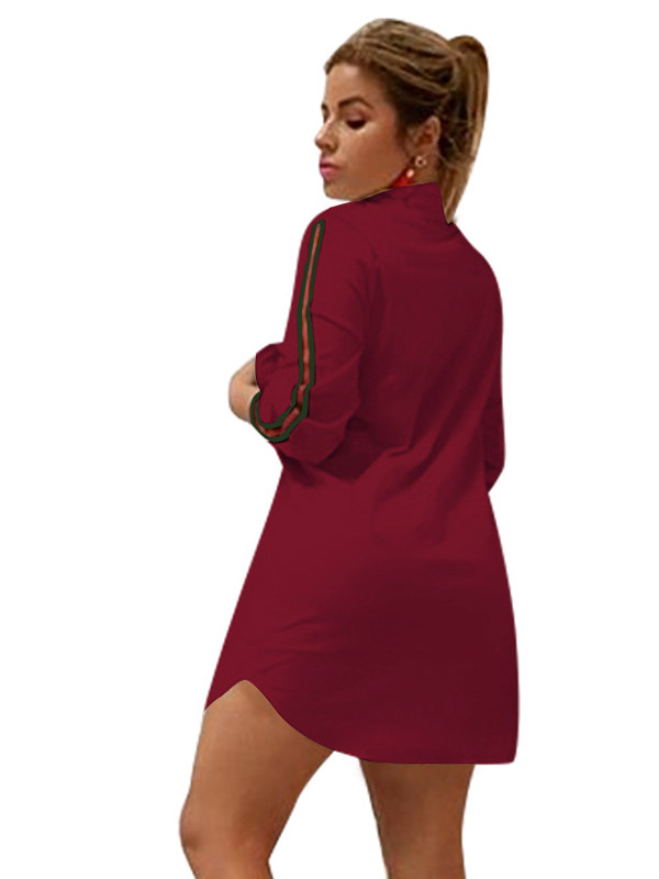 Fashionable Turndown Collar Striped Wine Red Mini Dress