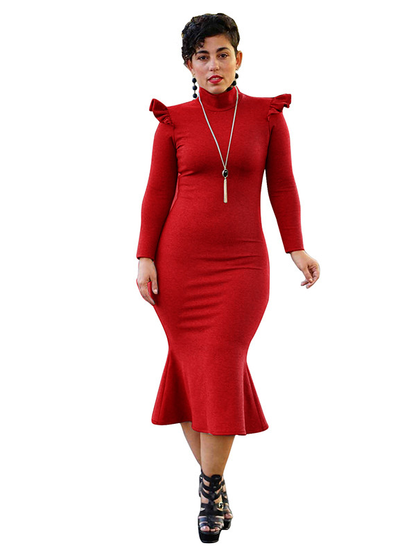 Fashionable Turtleneck Lotus Leaf Hem Red Mid Dress