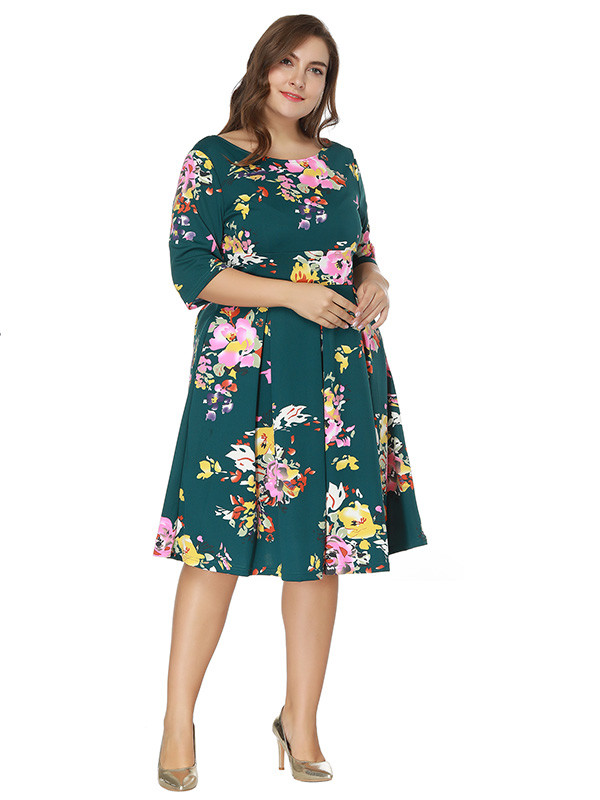 Green Long Sleeve Floral Printed Plus Size Dress
