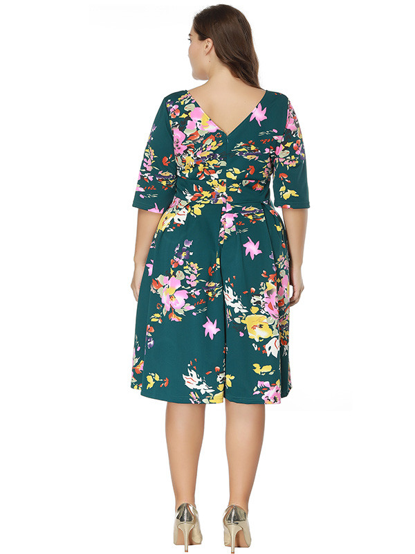 Green Long Sleeve Floral Printed Plus Size Dress