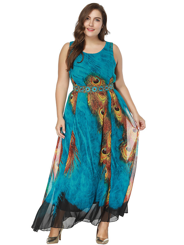 Peacock Feather Print Plus Size Dress 
