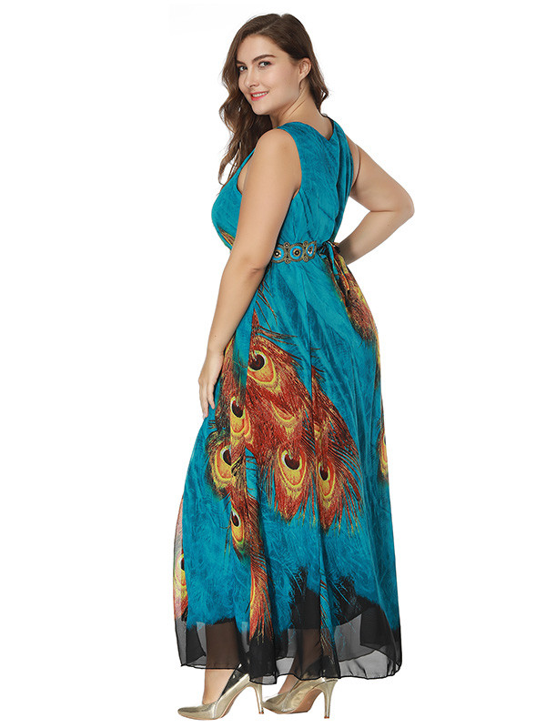 Peacock Feather Print Plus Size Dress 