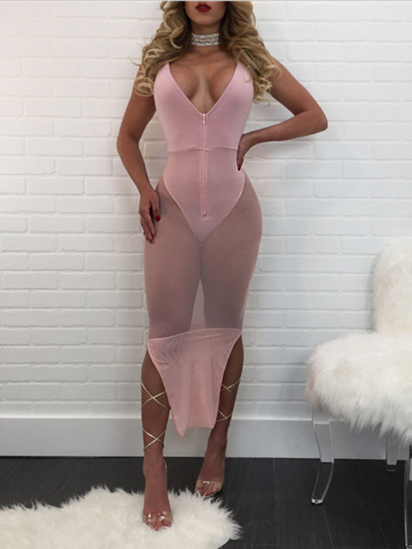 Pink Sexy V Neck Spaghetti Strap Mid Dresses 