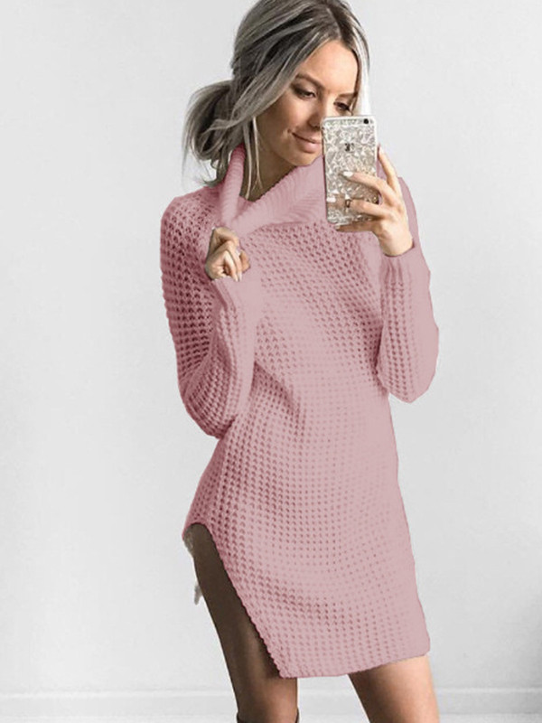 Polyester Pink Casual Turtleneck  Mini Dresses