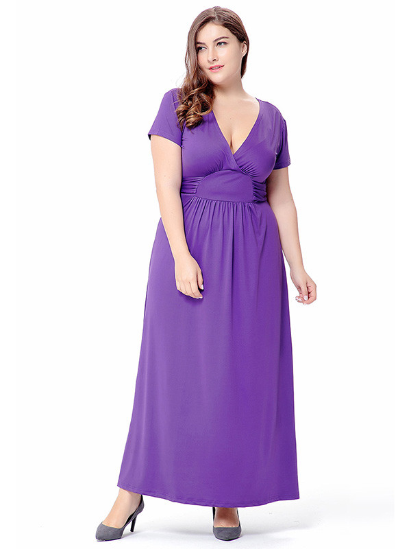 Purple Sexy V Neck Short Sleeve Plus Size Dress
