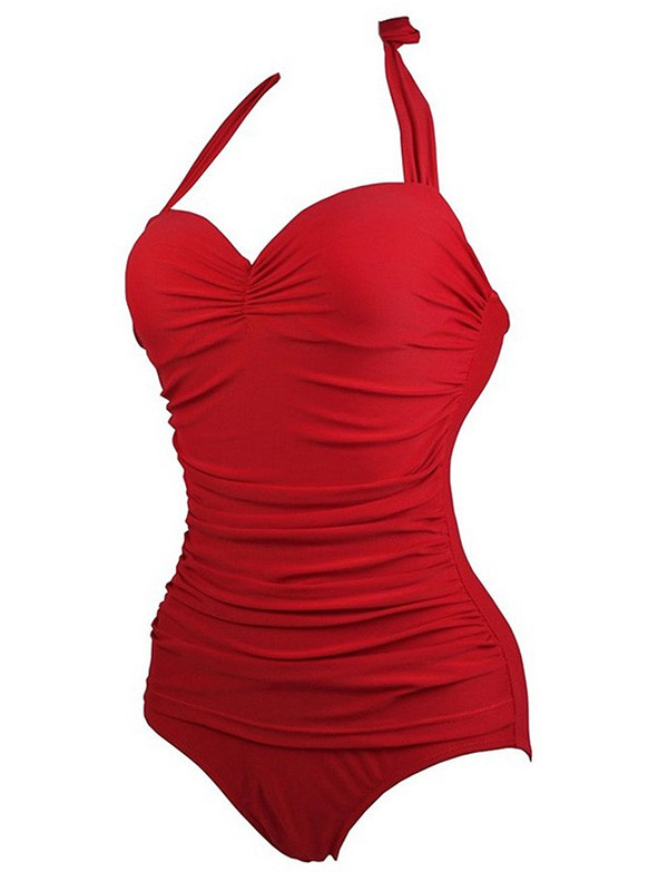 Red One Piece Halter Slim Fit Swimsuit