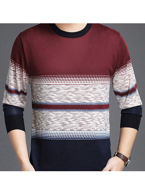 Red Round Neck Striped Printed T-Shirt