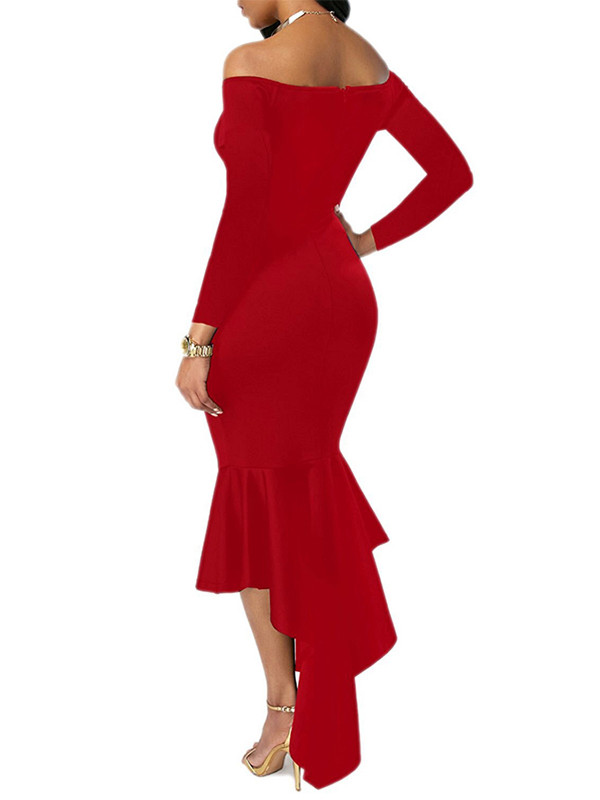 Red Sexy Bateau Neck Dovetail Shape Dress