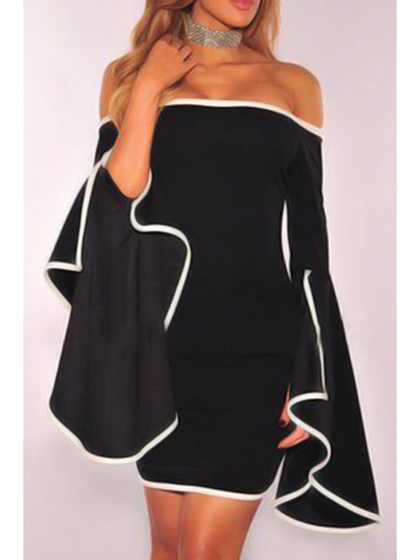 Stylish Dew Shoulder Long Sleeves Black Mini Dress