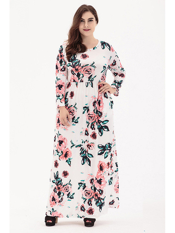 White Long Sleeve Plus Size Floral Maxi Dress