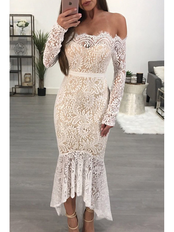 White See-Through Lace Ankle Length Dress