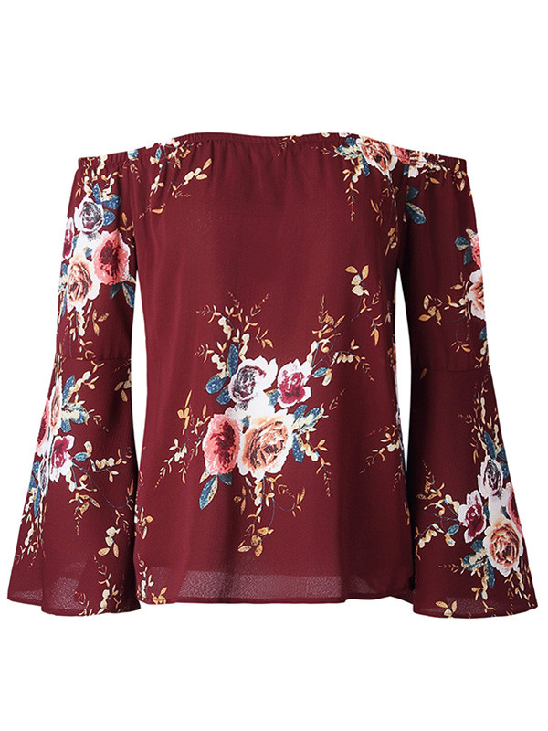 Wine Red Floral Print Off Shoulder Chiffon Blouse