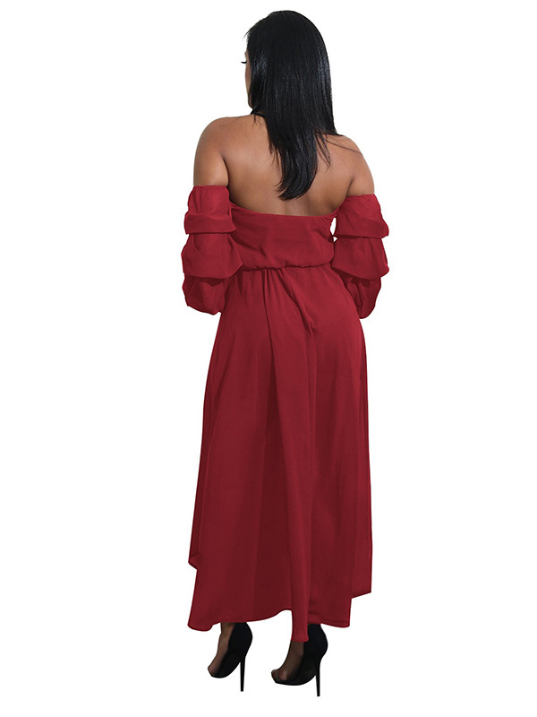 Wine Red Off Shoulder Asymmetric Hem Dress 