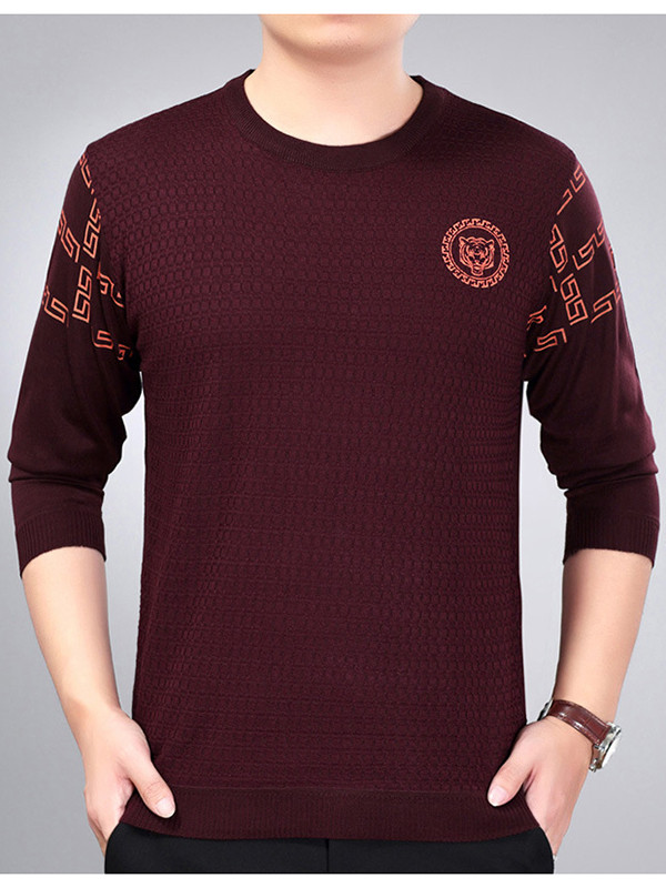 Wine Red Round Neck Long Sleeve T-Shirt