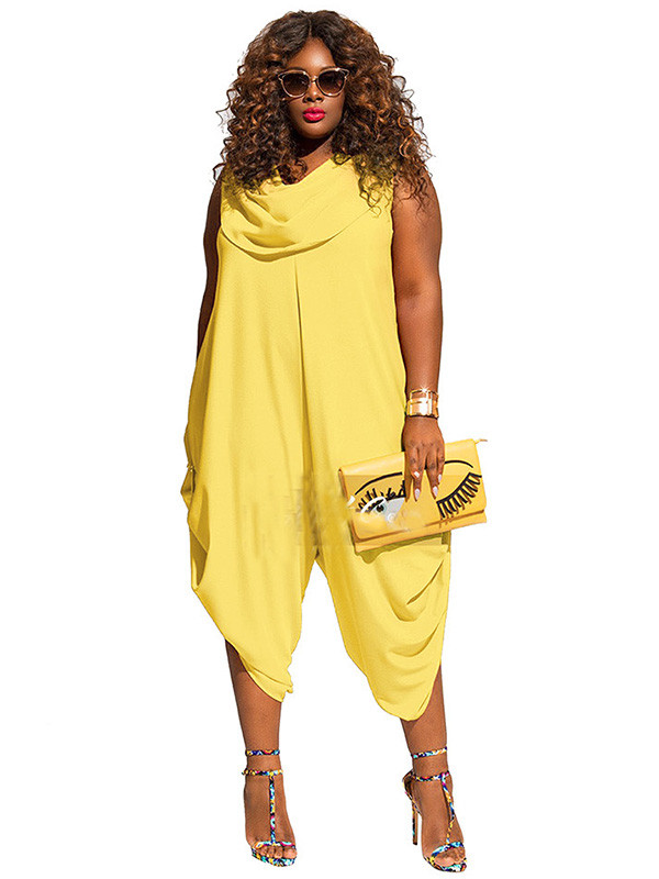 Yellow Heaps Collar Ruched Plus Size Jumpsuit