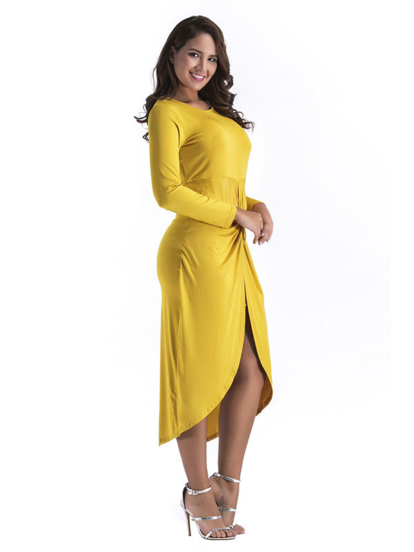Yellow M-3XL Long Sleeve Irregular Slit Dress