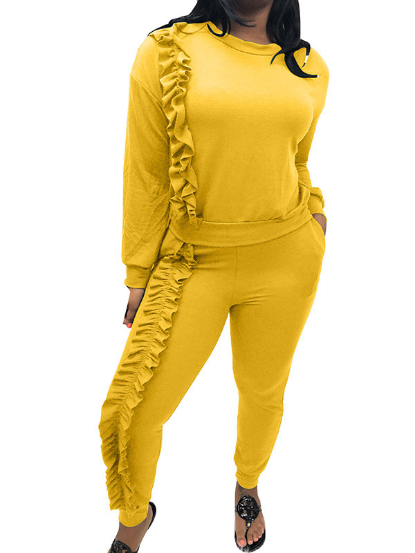 Yellow Women Ruffle Trim Winter Suits